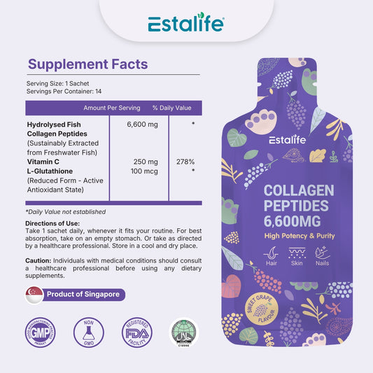 Estalife Collagen Peptides 6600MG | Vitamin C + Whitening Glutathione + Grape Juice |