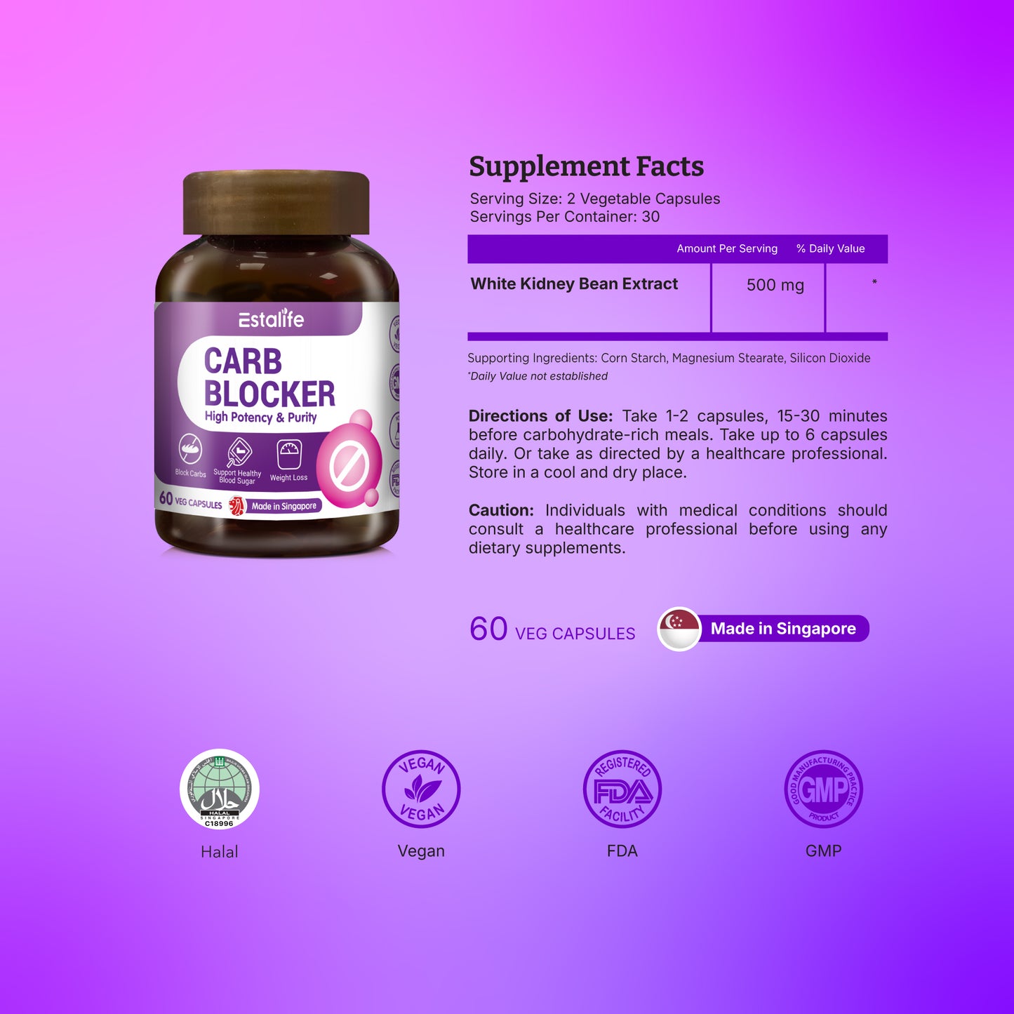 Estalife Carb Blocker Slimming Pill for Weight Loss | Diet | Vegan | Phase 2 | 60 Caps
