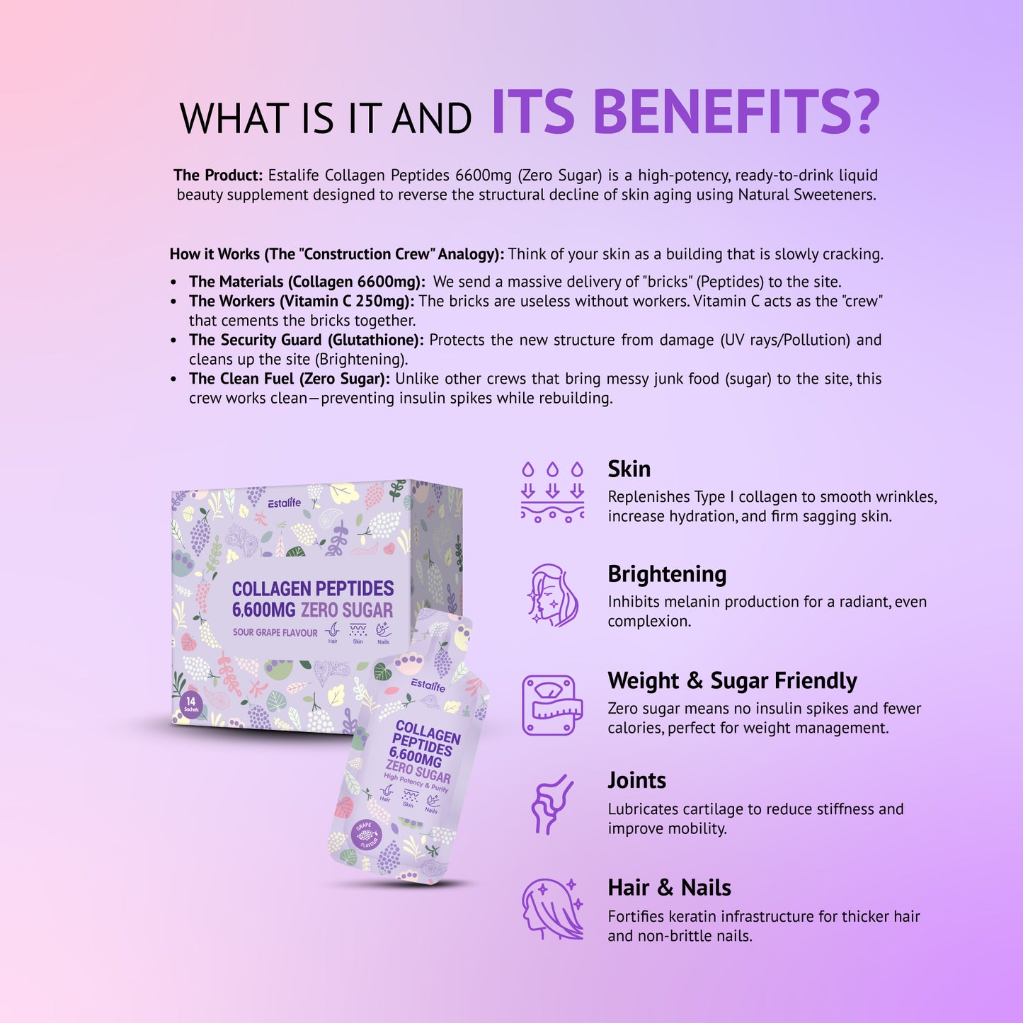 Estalife Collagen Peptides 6600mg Zero Sugar