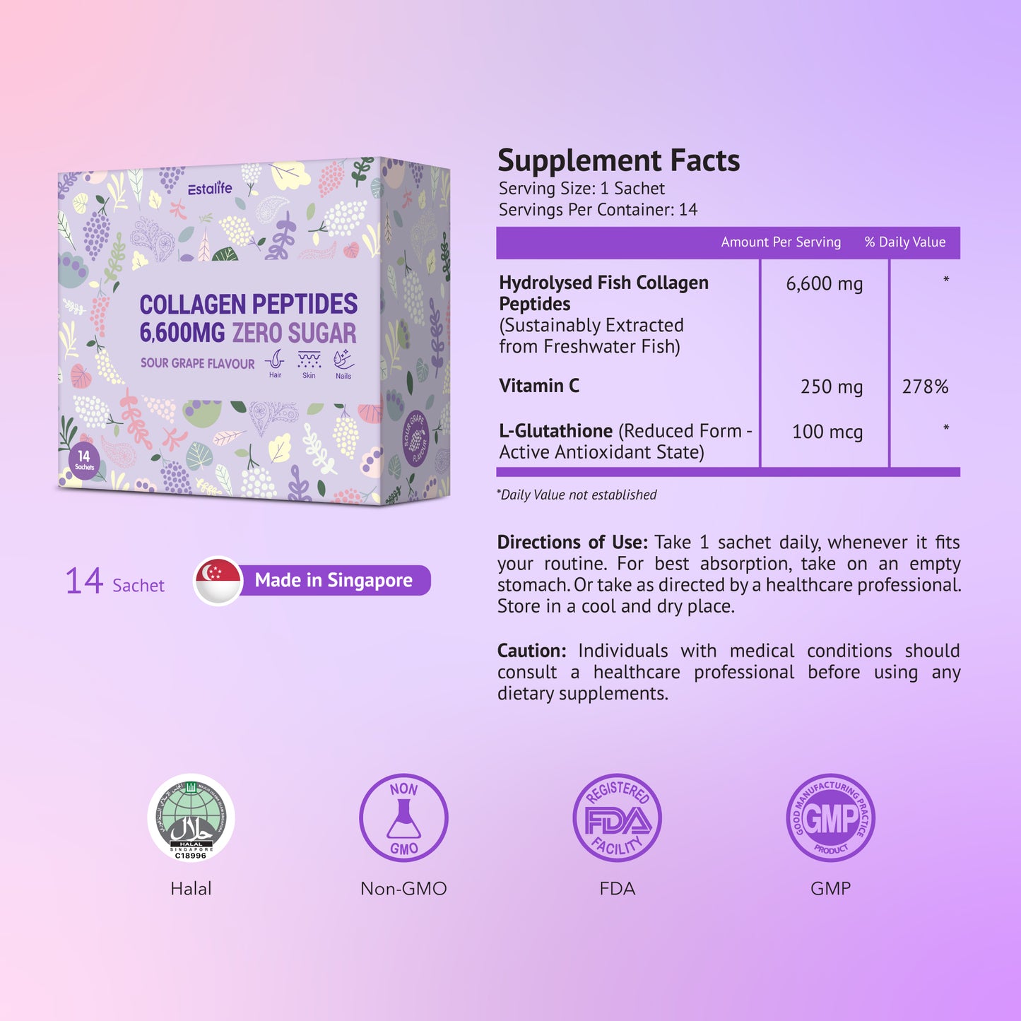 Estalife Collagen Peptides 6600mg Zero Sugar