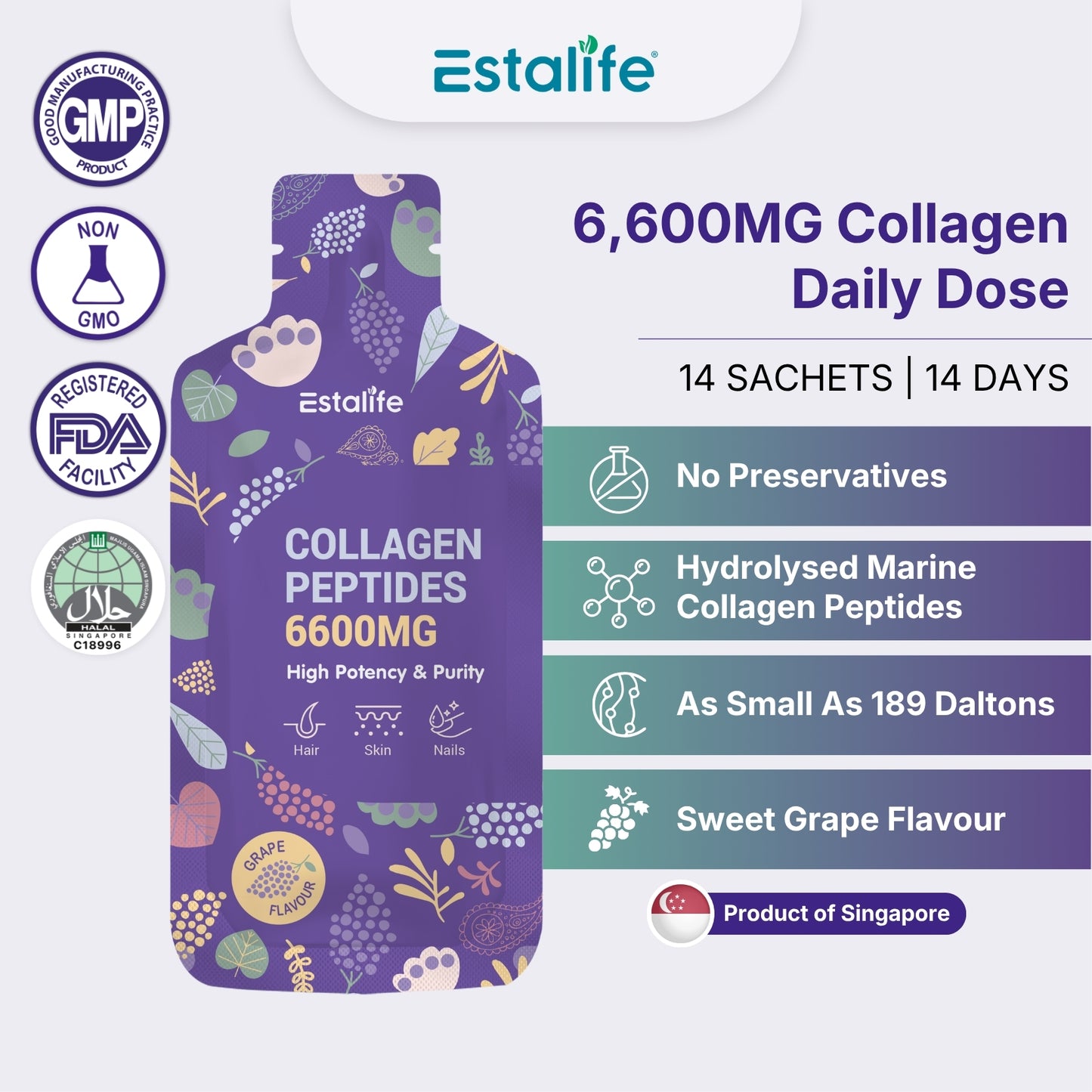 Estalife Collagen Peptides 6600MG | Vitamin C + Whitening Glutathione + Grape Juice |