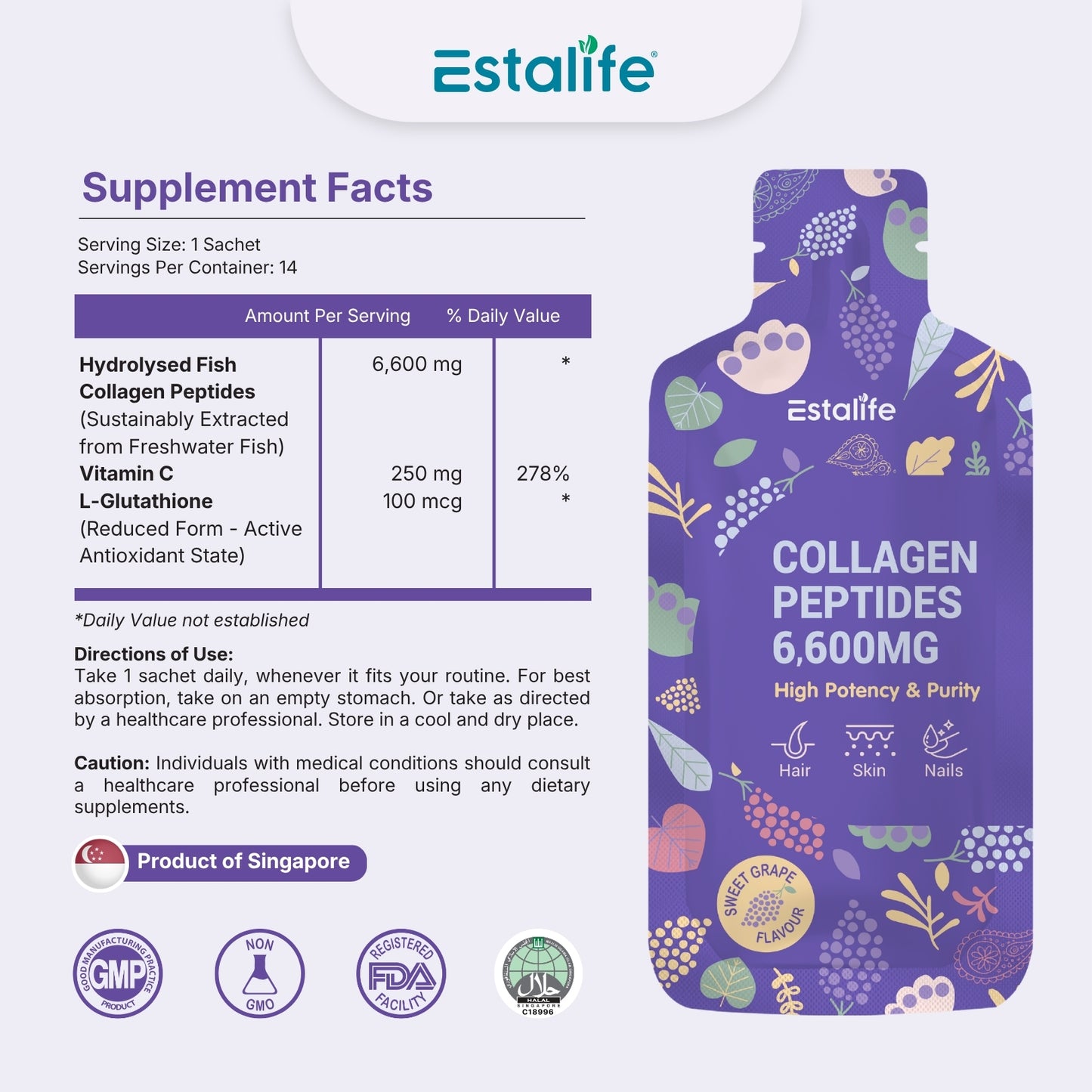 Estalife Collagen Peptides 6600MG | Vitamin C + Whitening Glutathione + Grape Juice |