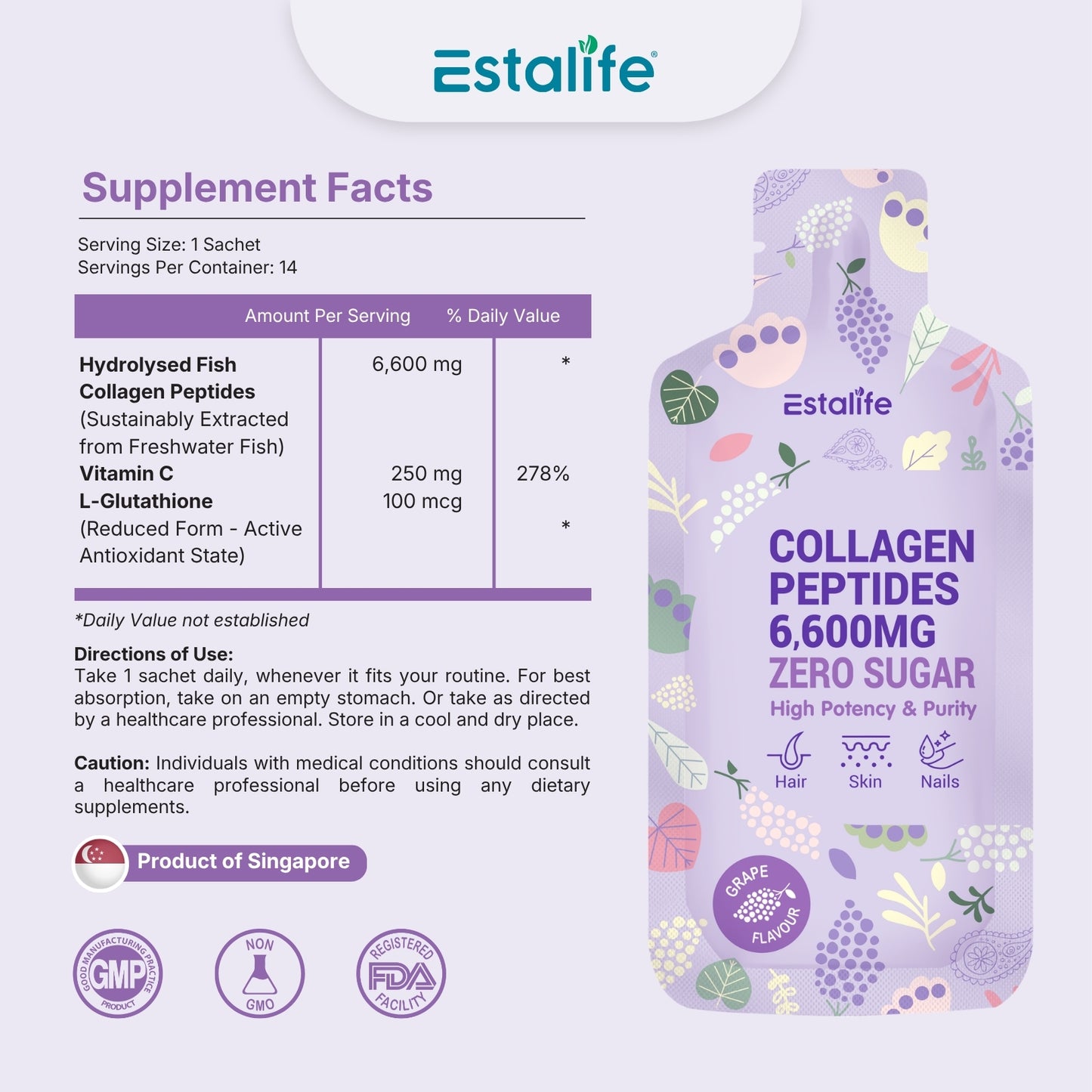 Estalife Collagen Peptides 6600mg Zero Sugar