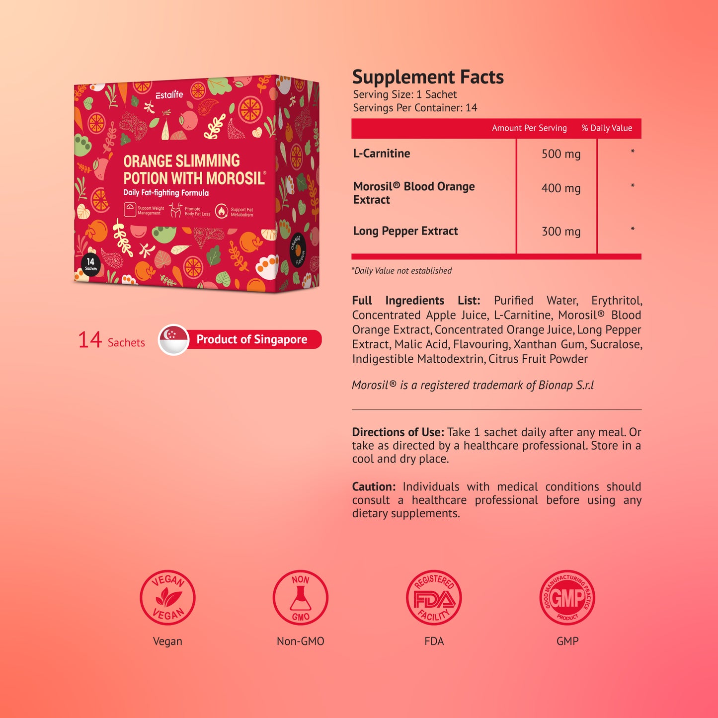 Estalife 橙味纤体液（含莫罗西尔）| 血橙提取物 | 左旋肉碱