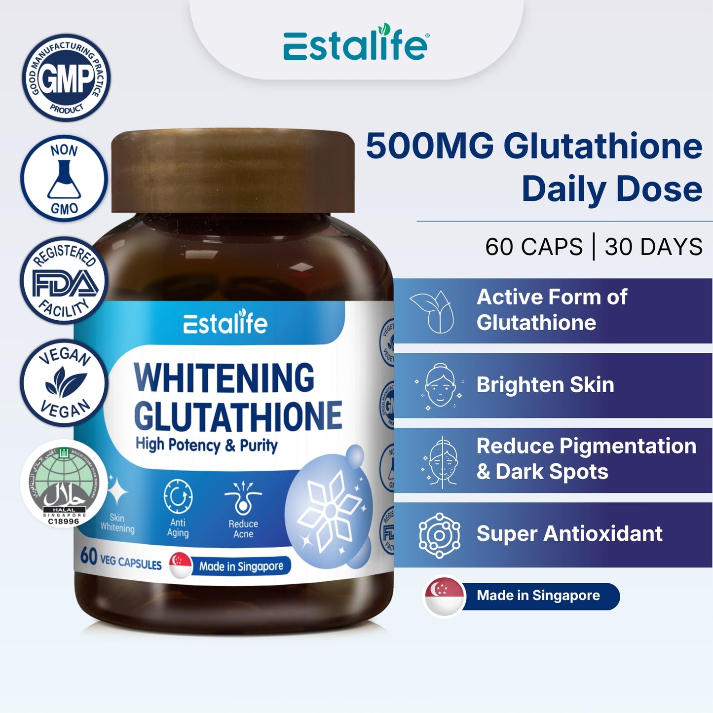 Estalife Whitening Glutathione 500MG | Skin Supplement | Brightening | Liver | 60 Capsule