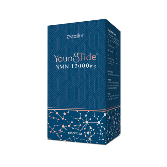 Estalife YoungTide NMN 12000mg anti-aging supplement vitamin B3 metabolite NAD+ aging antioxidant brain heart Nicotinamide Mononucleotide Coenzyme Q10 Medium Chain Fatty Acids longevity youthful vitality loss memory hearing energy sleep quality osteoarthritis dementia softgel